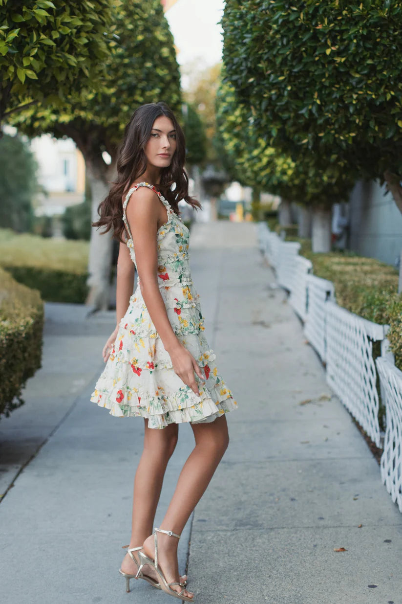 Multicolor Floral Square Neck Ruffle Mini Dress