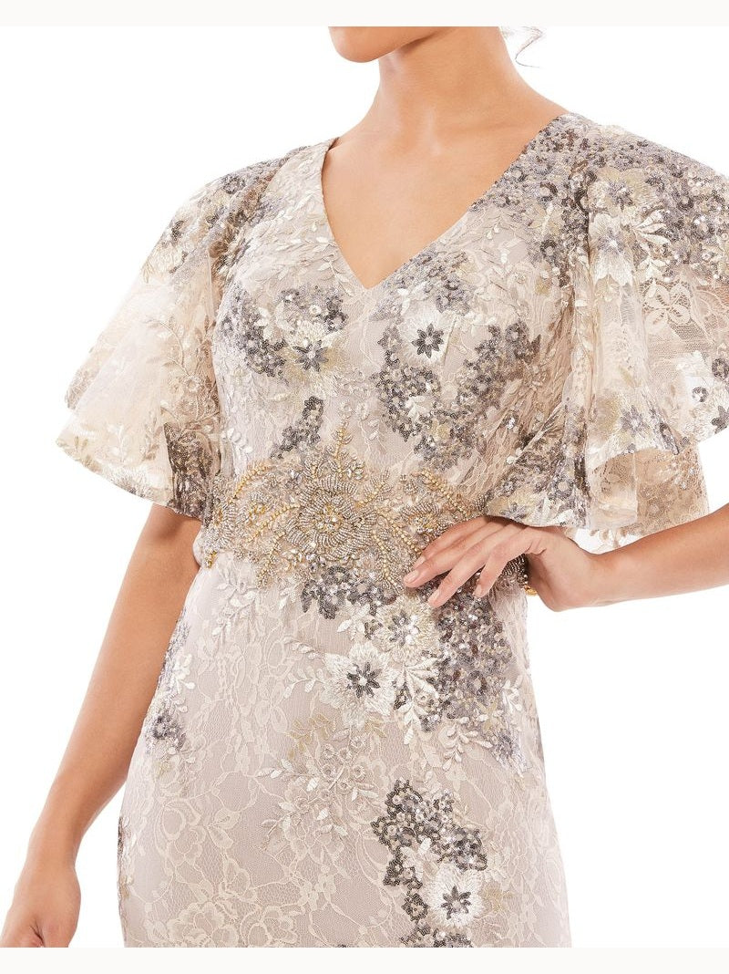 Bell Sleeve Floral Embellished Gown