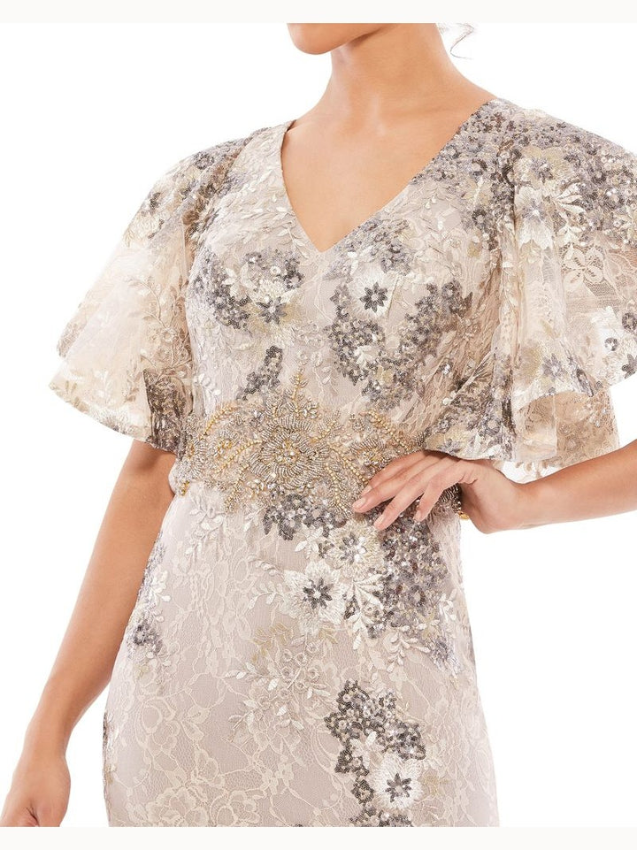Bell Sleeve Floral Embellished Gown