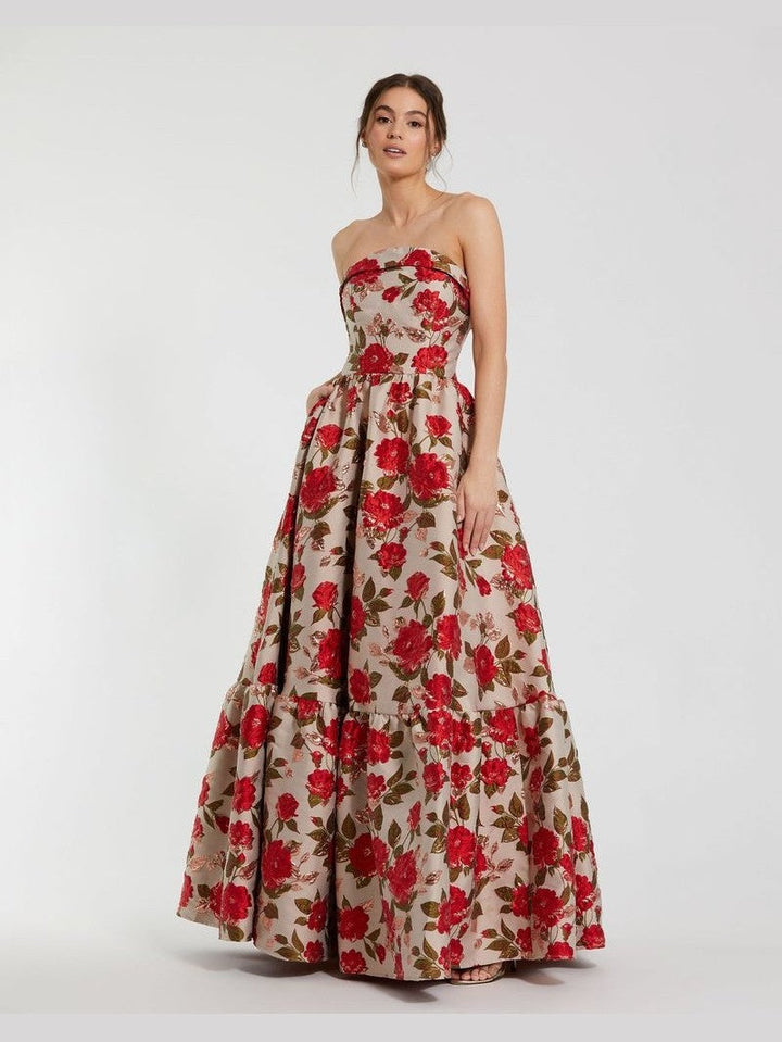 Strapless Floral Gown With Ruffle Hem