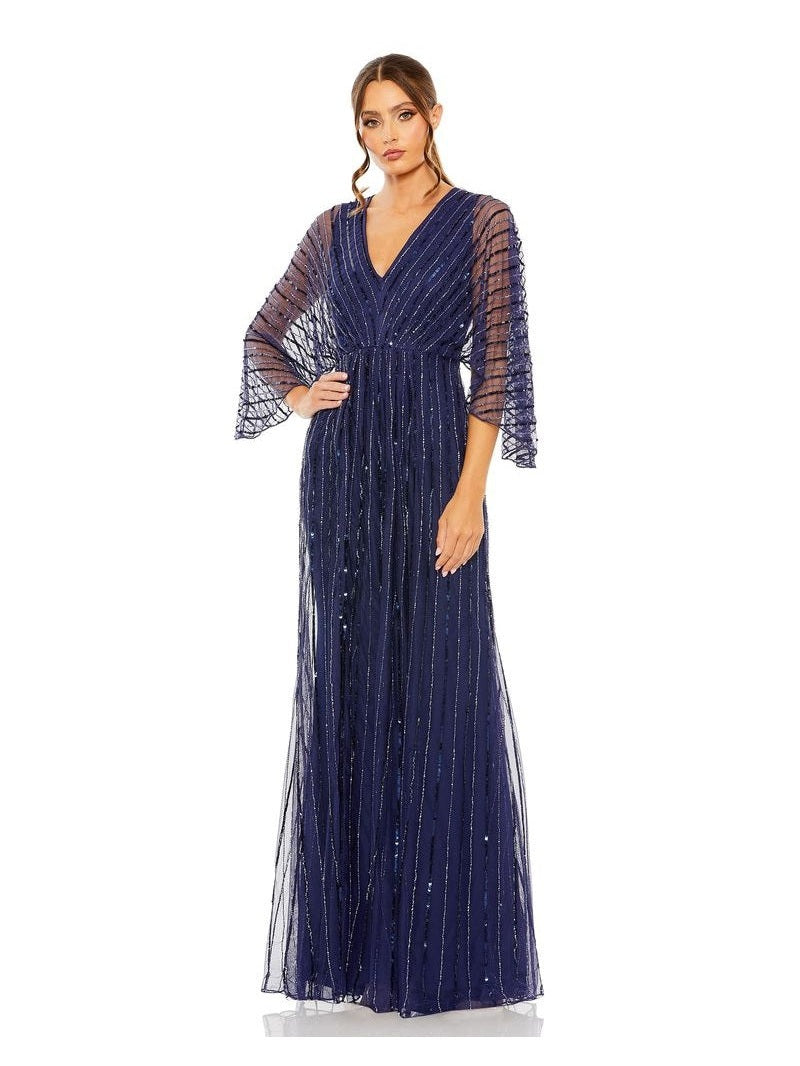 Beaded Striping Kimono Sleeve V Neck Gown