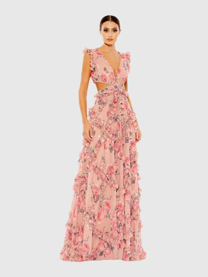 Ruffled Cut Out Cap Sleeve V Neck Gown