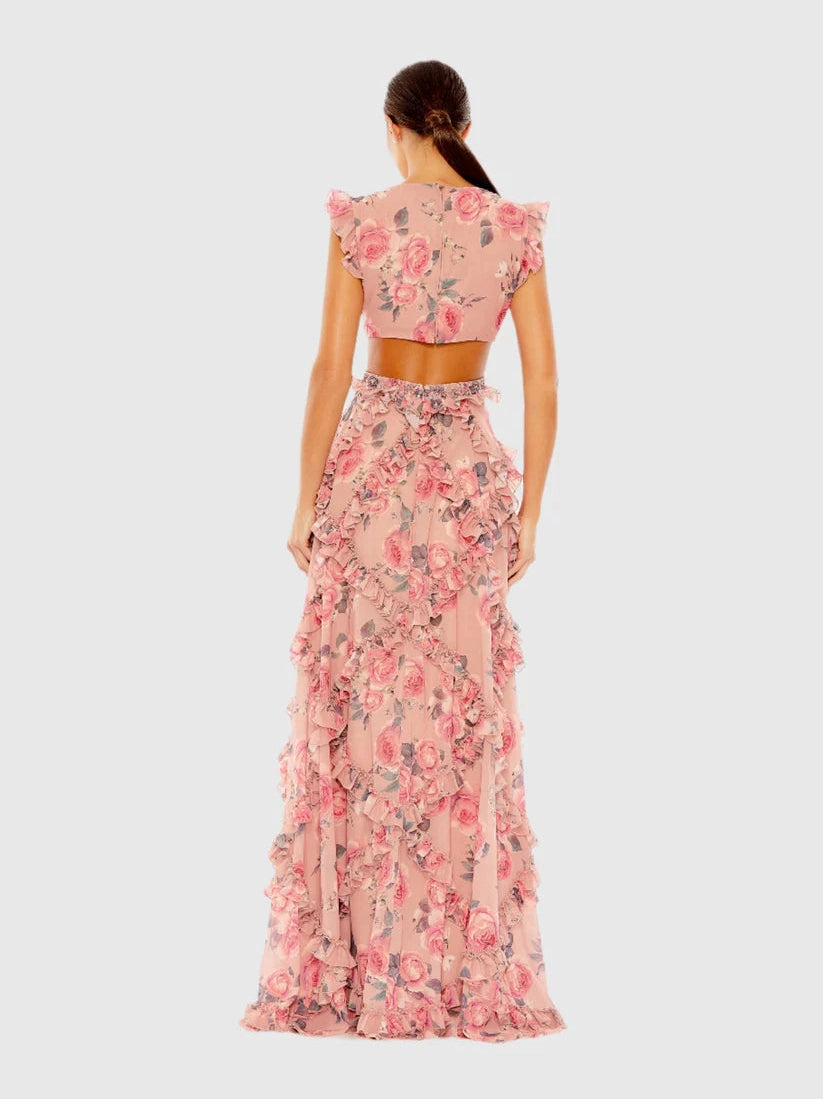 Ruffled Cut Out Cap Sleeve V Neck Gown