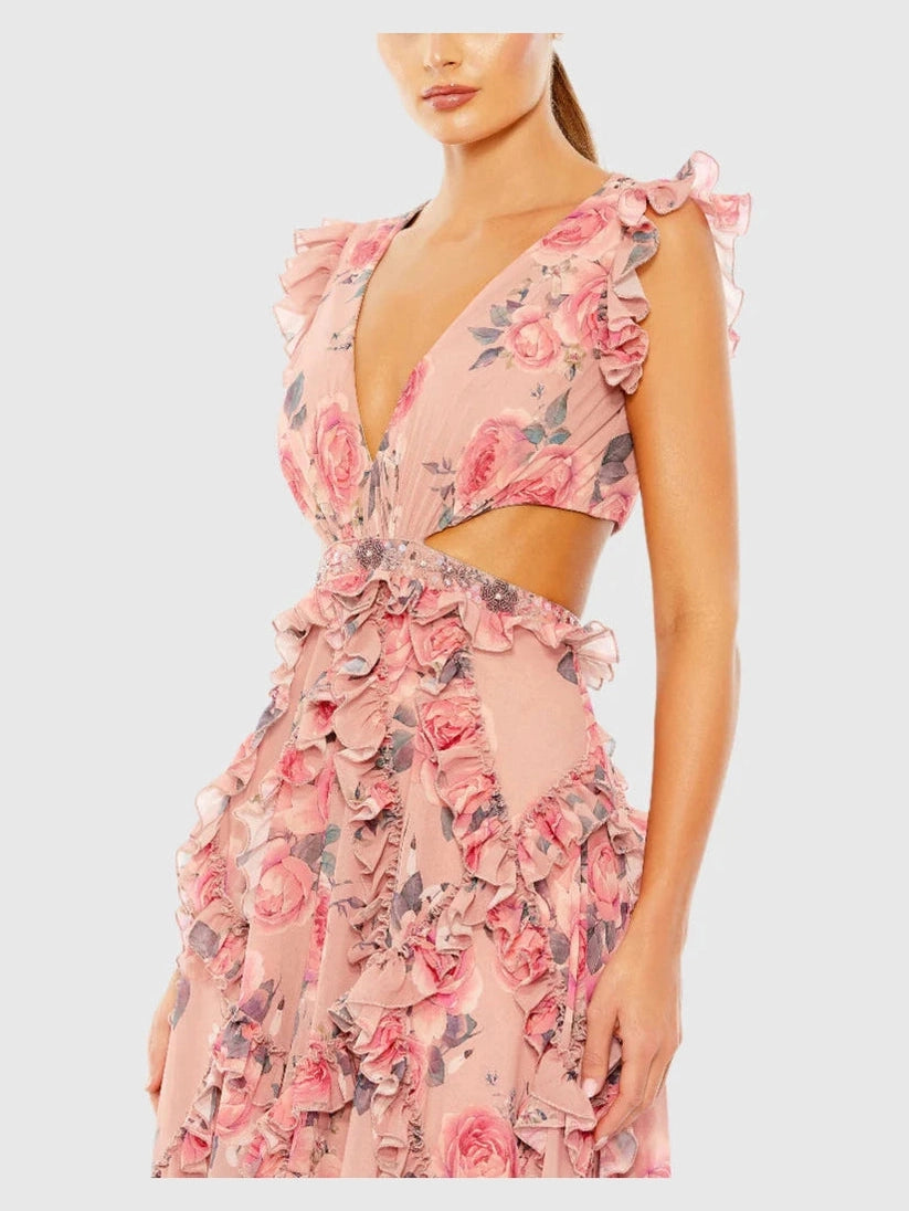 Ruffled Cut Out Cap Sleeve V Neck Gown