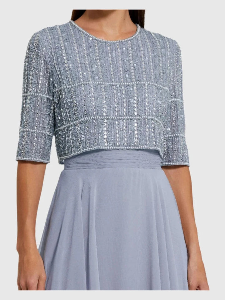 Chiffon Gown w/ Fully Beaded 3/4 Sleeve Top