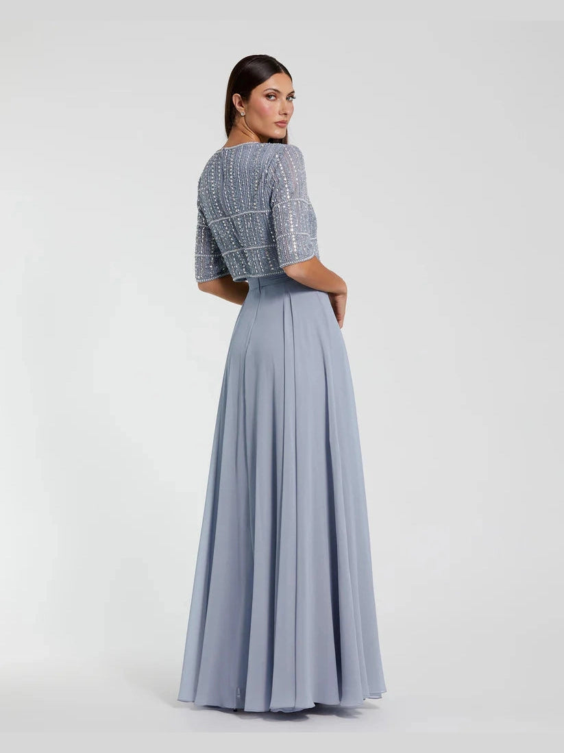 Chiffon Gown w/ Fully Beaded 3/4 Sleeve Top
