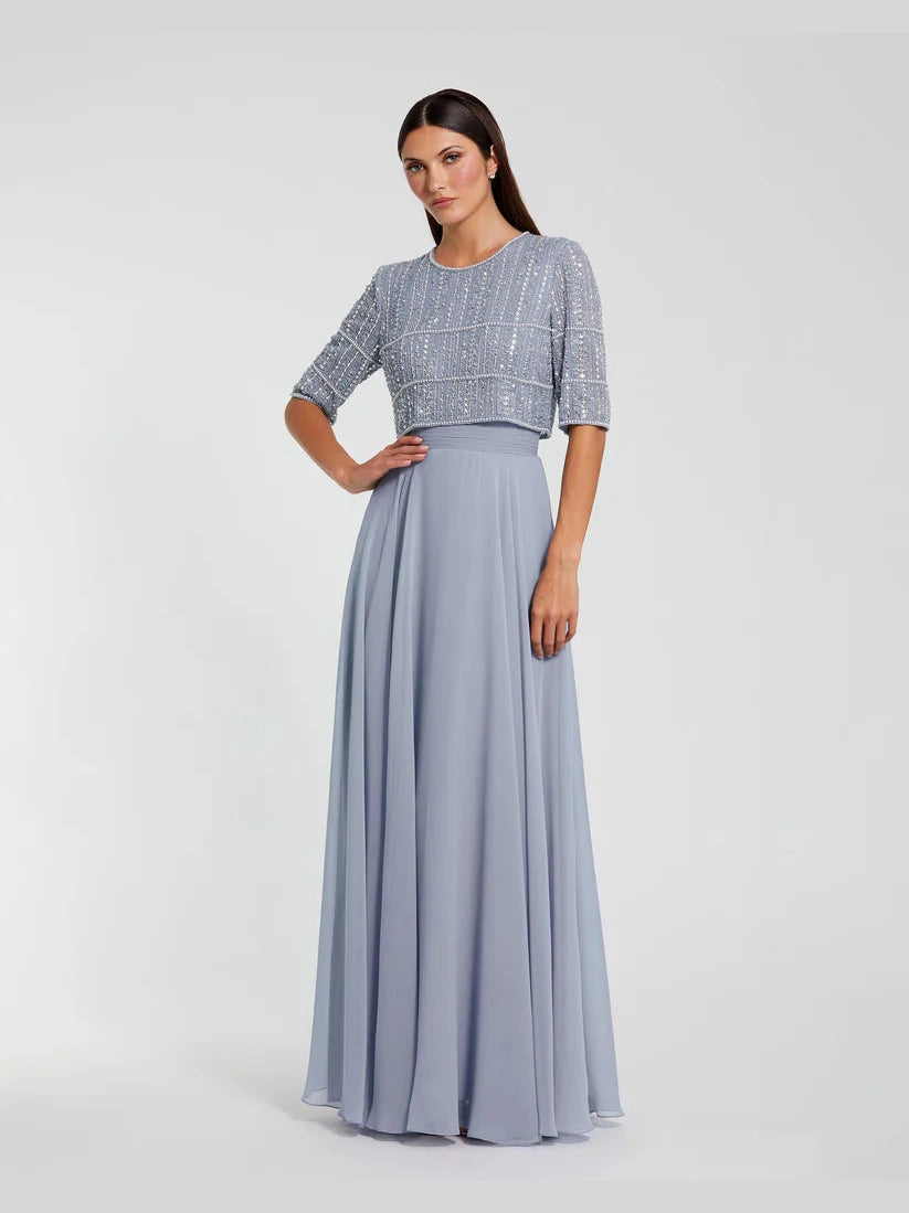 Chiffon Gown w/ Fully Beaded 3/4 Sleeve Top