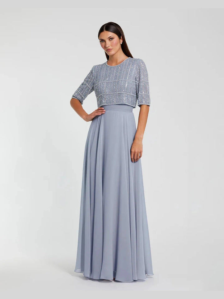 Chiffon Gown w/ Fully Beaded 3/4 Sleeve Top