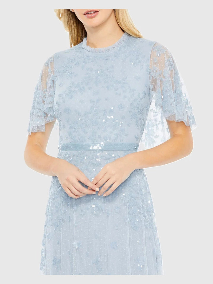 Sequined High Neck Flutter Sleeve A Line Gown