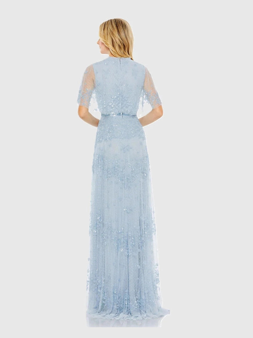 Sequined High Neck Flutter Sleeve A Line Gown