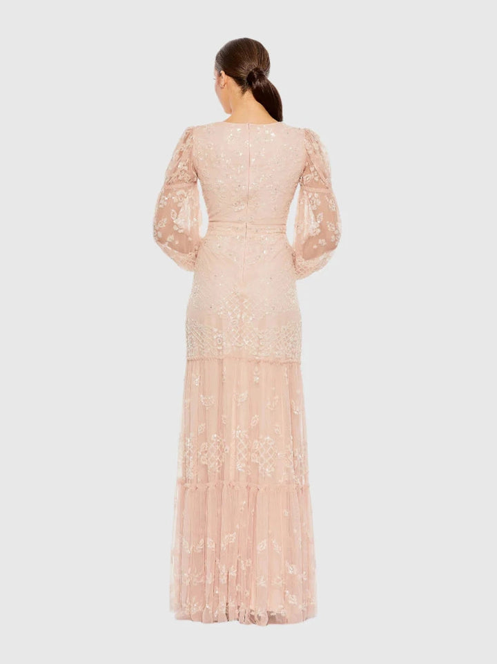 Sequined Tiered Wrap Over Puff Sleeve Gown