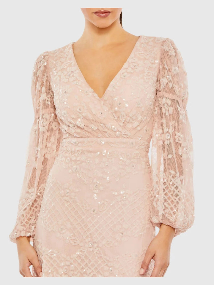 Sequined Tiered Wrap Over Puff Sleeve Gown