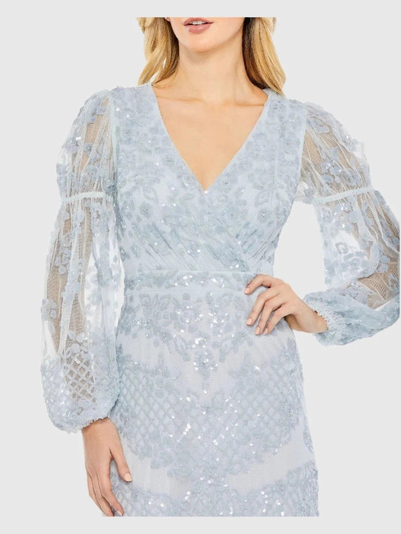 Sequined Tiered Wrap Over Puff Sleeve Gown