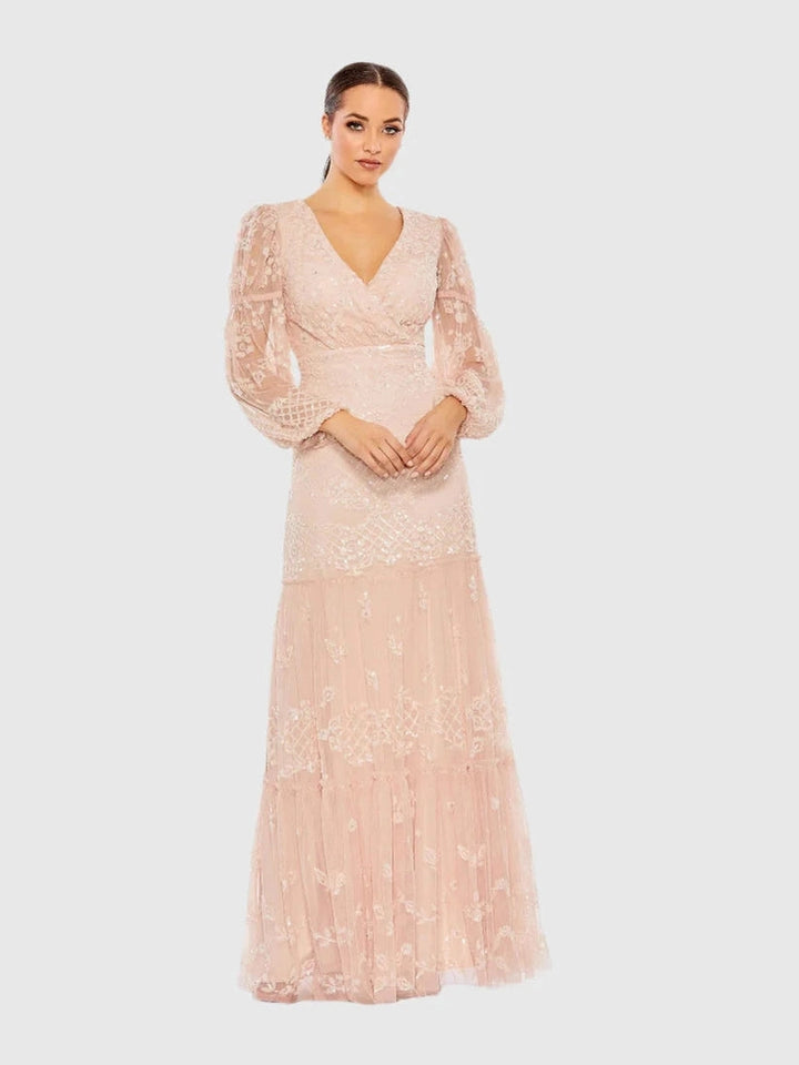 Sequined Tiered Wrap Over Puff Sleeve Gown