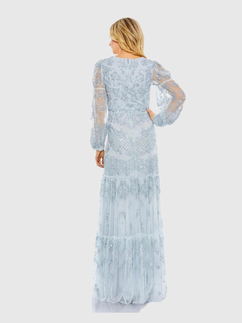 Sequined Tiered Wrap Over Puff Sleeve Gown