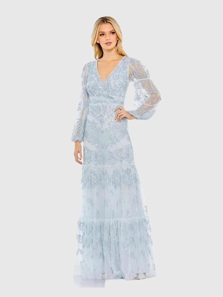 Sequined Tiered Wrap Over Puff Sleeve Gown
