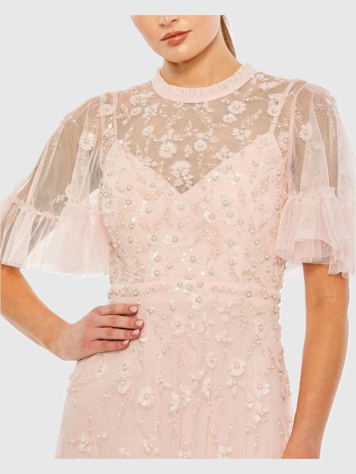 Ruffled Floral Embellished Flutter Sleeve A Line Gown