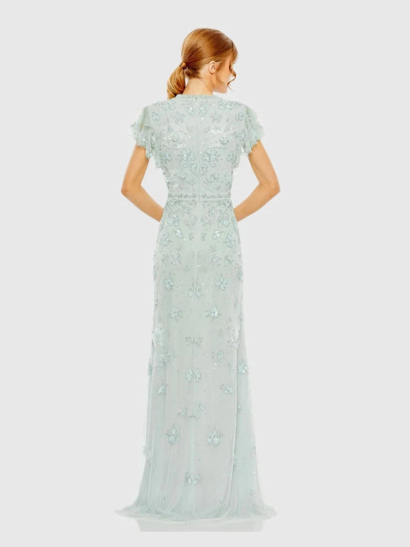 Floral Embellished High Neck Flutter Sleeve Gown