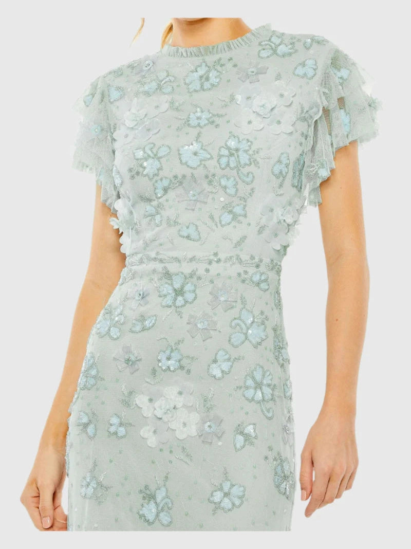 Floral Embellished High Neck Flutter Sleeve Gown