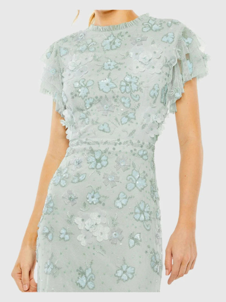 Floral Embellished High Neck Flutter Sleeve Gown