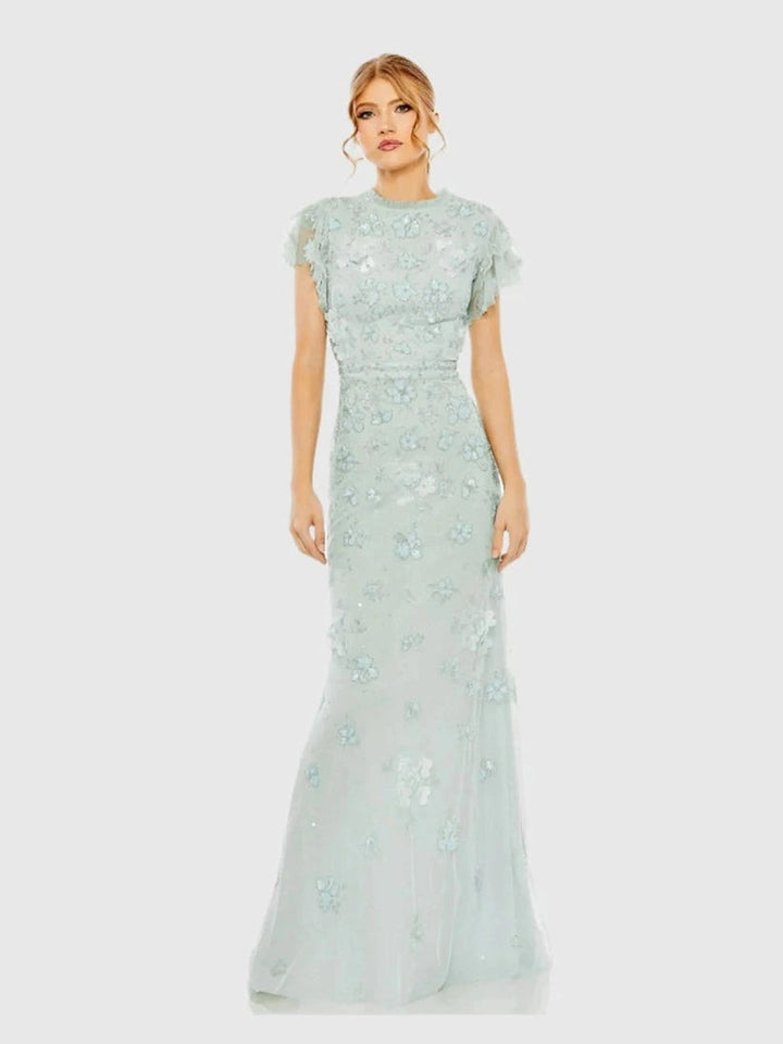 Floral Embellished High Neck Flutter Sleeve Gown