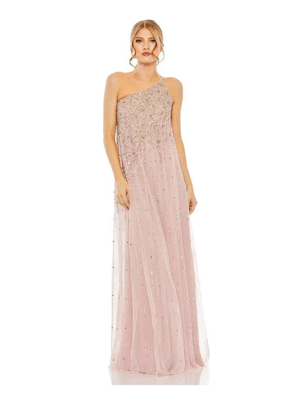 one shoulder trapeze dress Blue One Shoulder Embellished Kaftan Gown