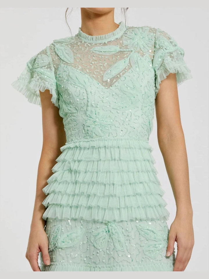 Beaded Mesh High Neck Micro Ruffle Gown