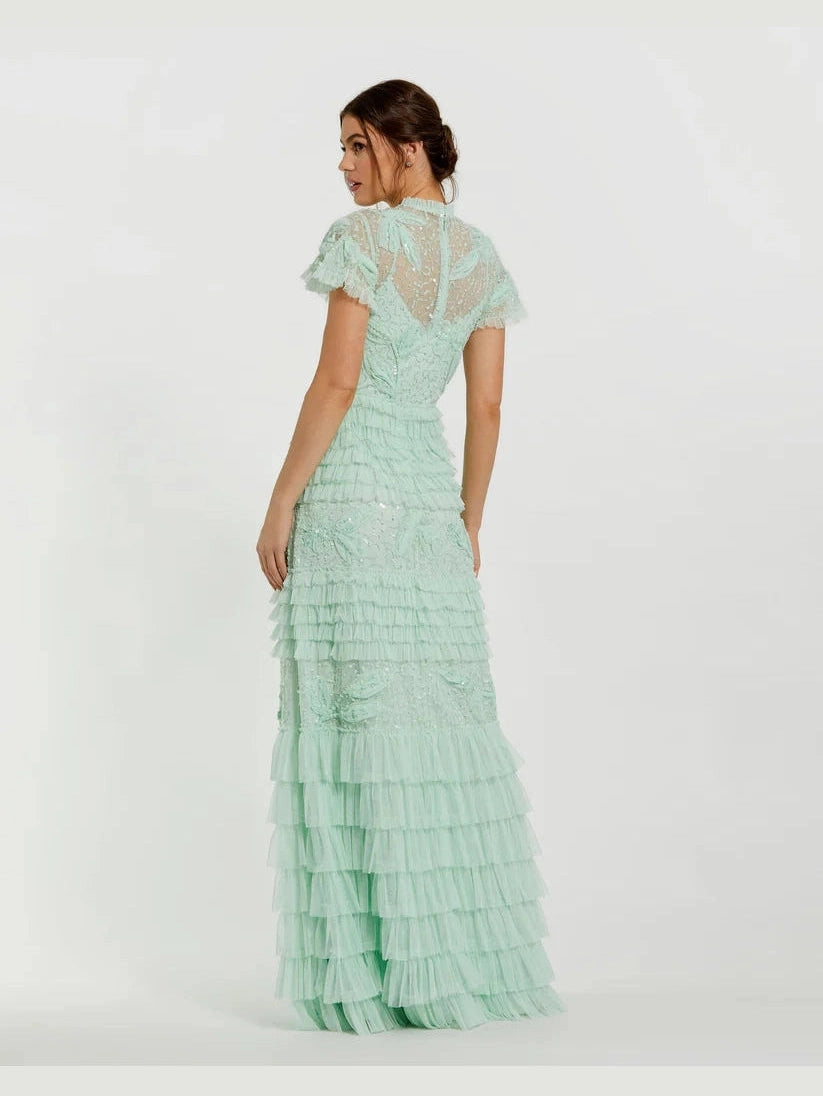 Beaded Mesh High Neck Micro Ruffle Gown