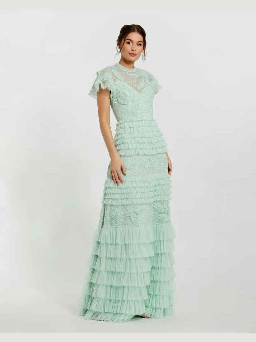 Beaded Mesh High Neck Micro Ruffle Gown