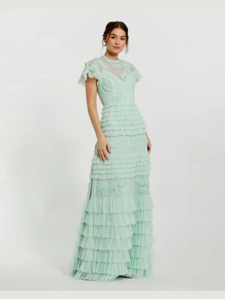 Beaded Mesh High Neck Micro Ruffle Gown