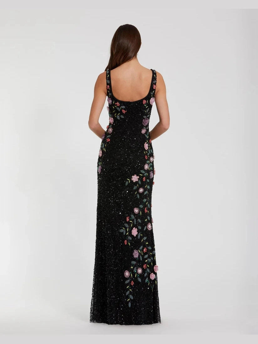 Floral Beaded Mesh Scoop Neck Sleeveless Gown