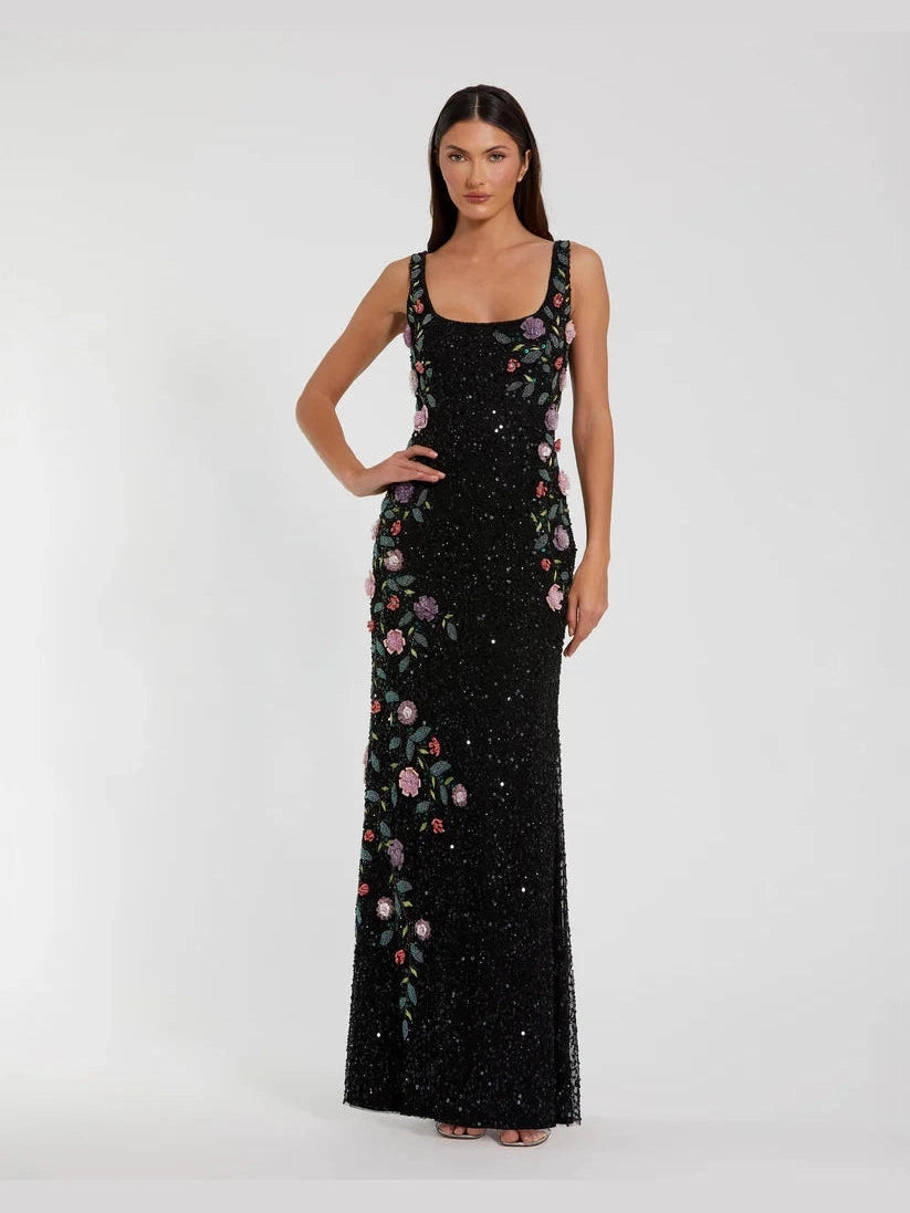 Floral Beaded Mesh Scoop Neck Sleeveless Gown