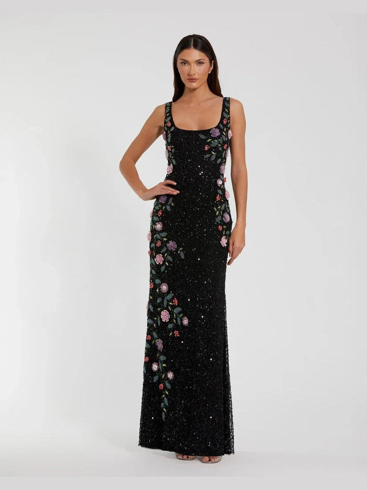 Floral Beaded Mesh Scoop Neck Sleeveless Gown
