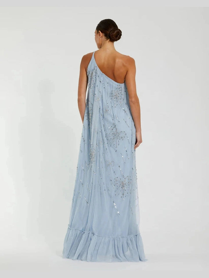 Bow Embellished Mesh One Shoulder High Low Gown