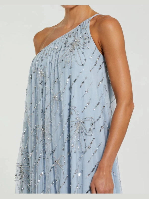 Bow Embellished Mesh One Shoulder High Low Gown