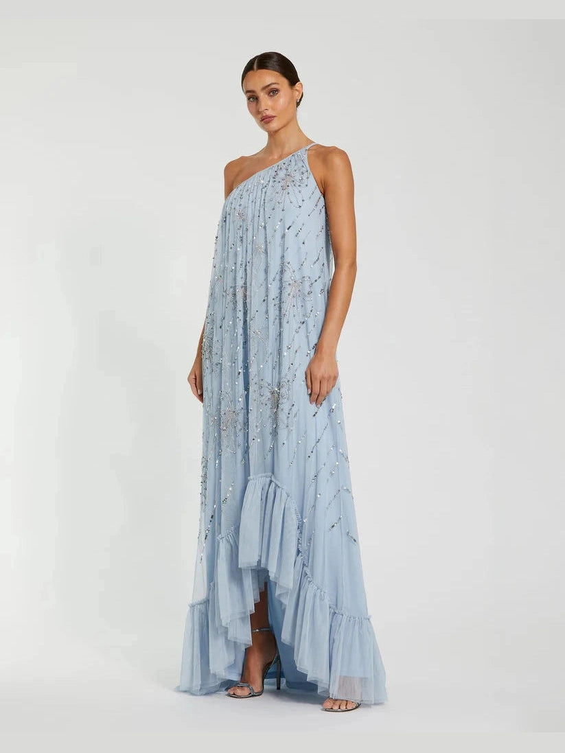 Bow Embellished Mesh One Shoulder High Low Gown