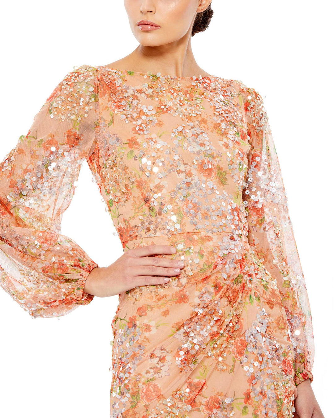 Floral Print Sequined Puff Sleeve Dress