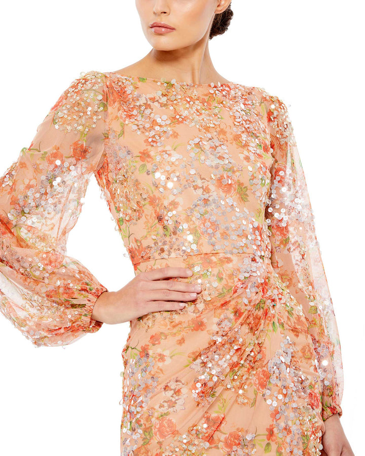 Floral Print Sequined Puff Sleeve Dress