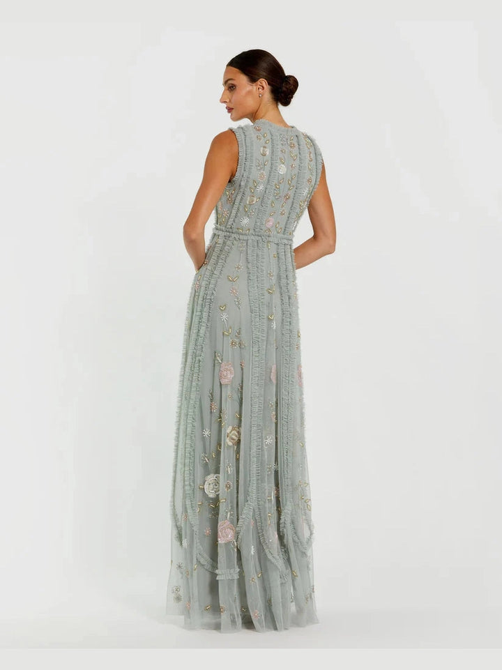 Floral Mesh Sleeveless A Line Micro Ruffle Gown