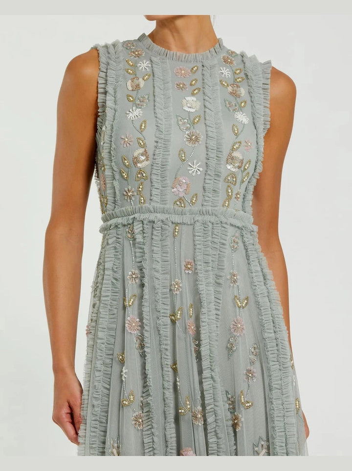 Floral Mesh Sleeveless A Line Micro Ruffle Gown