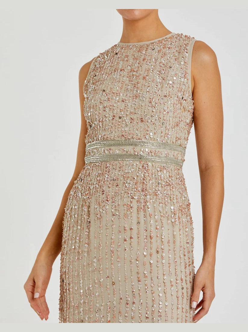Sequined High Neck Sleeveless Column Gown