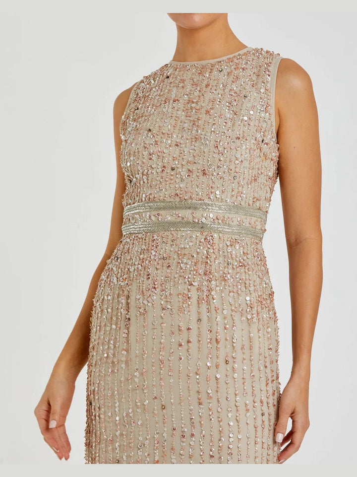 Sequined High Neck Sleeveless Column Gown