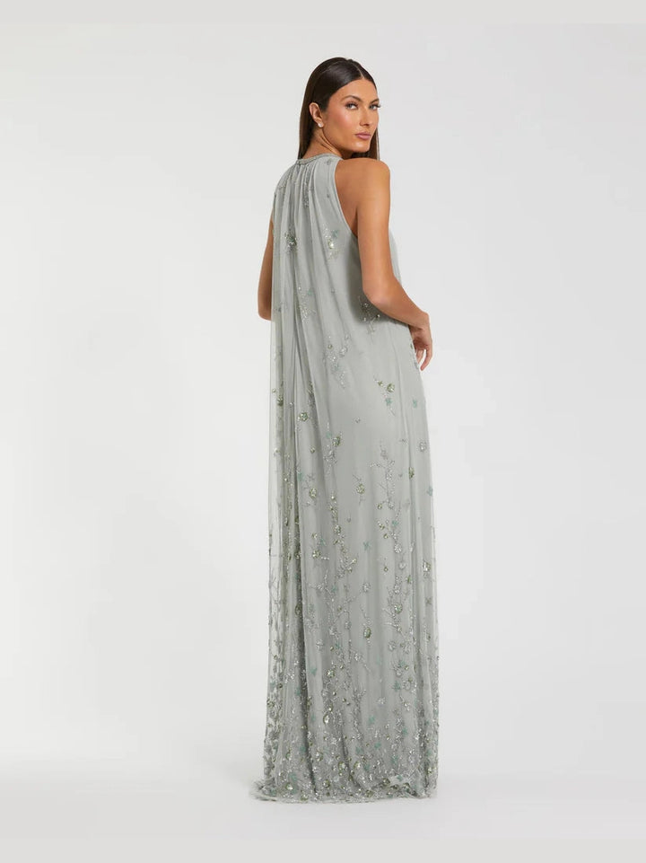 High Neck Floral Embellished Mesh Trapeze Gown