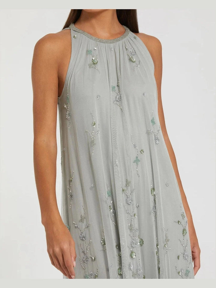 High Neck Floral Embellished Mesh Trapeze Gown