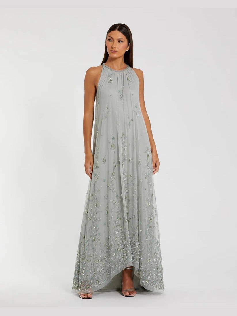 High Neck Floral Embellished Mesh Trapeze Gown