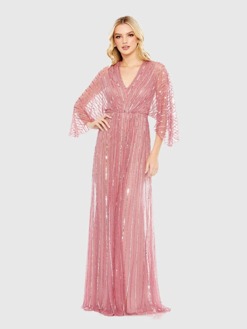 Beaded Striping Kimono Sleeve V Neck Gown