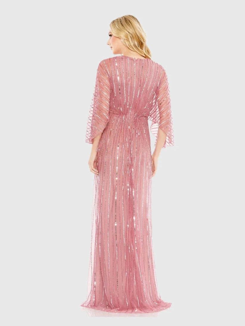 Beaded Striping Kimono Sleeve V Neck Gown