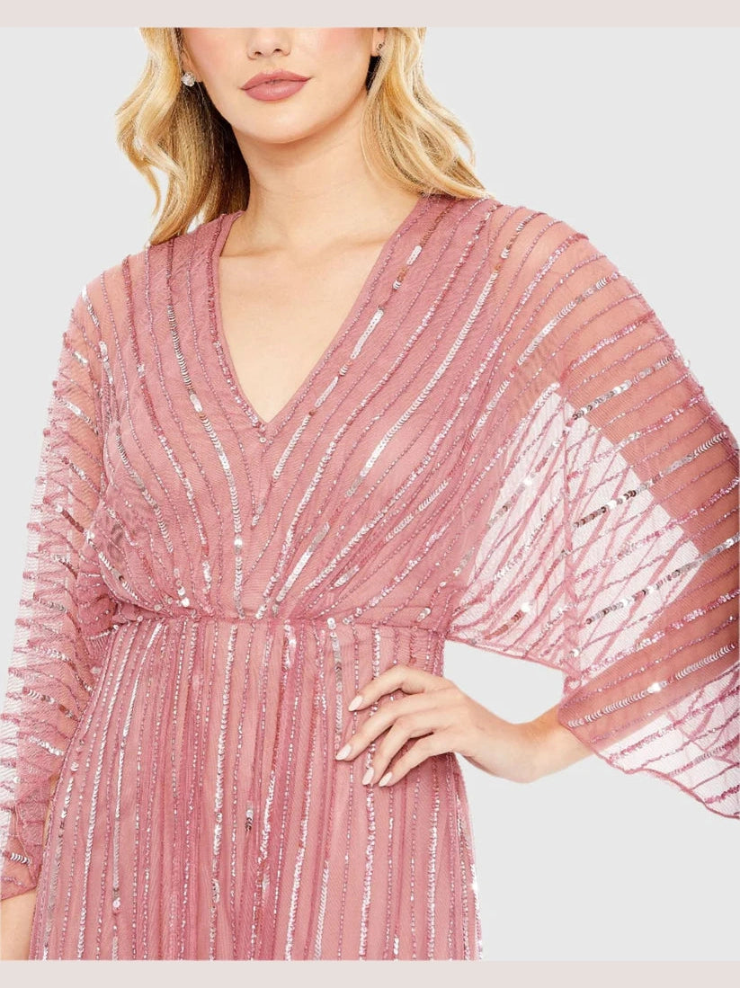 Beaded Striping Kimono Sleeve V Neck Gown