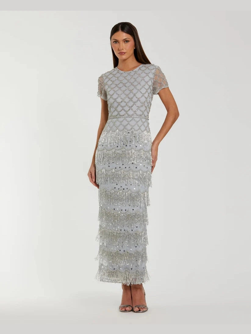 Fringe Embellished Mesh Ankle Length Dress