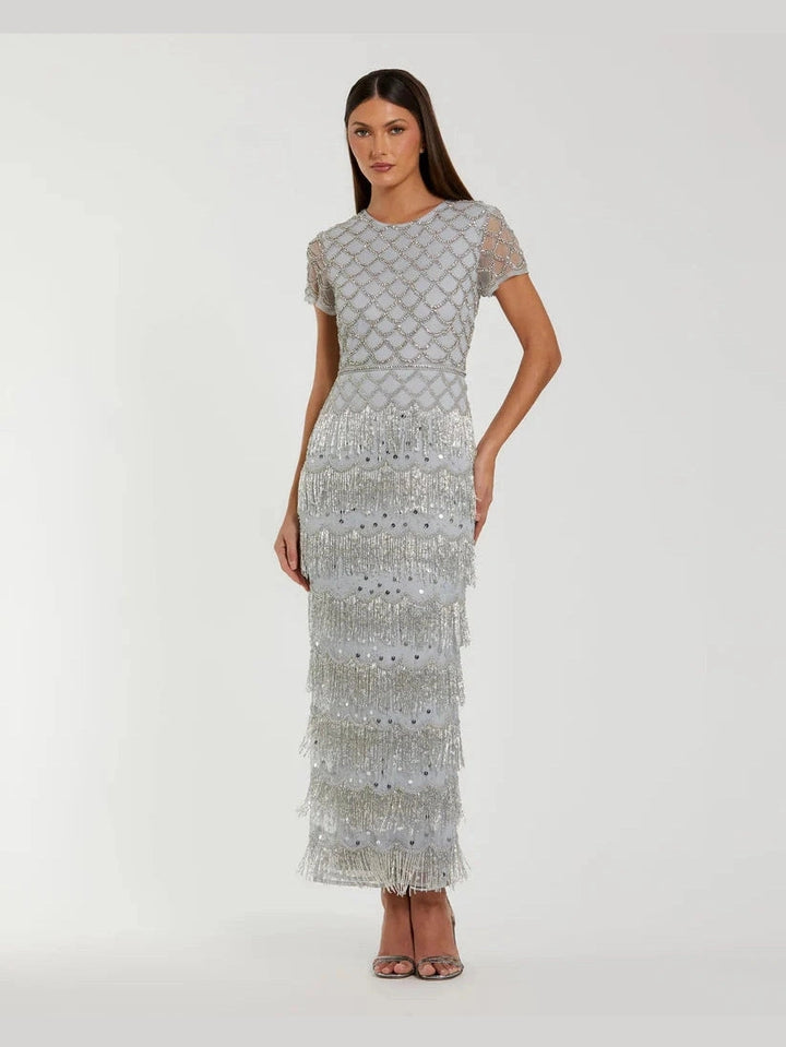 Fringe Embellished Mesh Ankle Length Dress